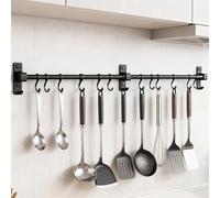 ATTEEFI Barre de Ustensiles Suspension 80 cm, Aluminium Porte-Ustensiles Mural avec 12 Crochets Amovibles, Noir Support Mural Cuisine, Patère de Cuisine, pour Cuisines, Salles de Bains et Couloirs