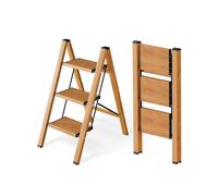Attestierer Échelle Pliable 3 Marches, Tabouret Escalier Aluminium | Capacité 150 Kg, Échelle Pieds Antidérapants & Larges Marches, Usage Intérieur-Extérieur, Design Aspect Bois, Marron Clair