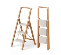 Attestierer Échelle Pliable 3 Marches, Tabouret Escalier Aluminium | Échelle À Main Courante, Charge 150 Kg, Pieds & Marches Antidérapants, Usage Int-Ext, Design Aspect Bois, Blanc