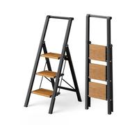 Attestierer Échelle Pliable 3 Marches, Tabouret Escalier Aluminium | Échelle À Main Courante, Charge 150 Kg, Pieds & Marches Antidérapants, Usage Int-Ext, Design Aspect Bois, Noir