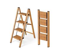 Attestierer Échelle Pliable 4 Marches, Tabouret Escalier Aluminium | Capacité 150 Kg, Échelle Pieds Antidérapants & Larges Marches, Usage Intérieur-Extérieur, Design Aspect Bois, Marron Clair