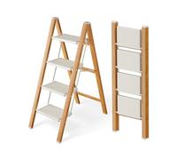 Attestierer Échelle Pliable 4 Marches, Tabouret Escalier Aluminium | Capacité 150 Kg, Échelle Pieds Antidérapants & Larges Marches, Usage Intérieur-Extérieur, Design Aspect Bois, Blanc