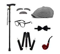 Atthatmmt Accessoires de costume de vieil homme, accessoires de grand-père, costume pour garçons, 100e jour d'école, accessoires de déguisement pour homme des années 1920, avec montre, lunettes, nœud