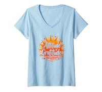 Attitude de Gratitude : Un Soleil inspirant T-Shirt avec Col en V, Femme, Bleu Céleste, XXL
