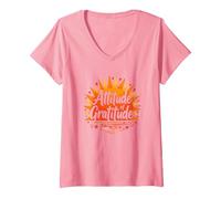 Attitude de Gratitude : Un Soleil inspirant T-Shirt avec Col en V, Femme, Rose, S