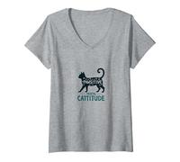 Attitude mentale Passive : Amoureux des Chats coquins T-Shirt avec Col en V, Femme, Gris Chiné, XL