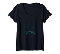 Attitude mentale Passive : Amoureux des Chats coquins T-Shirt avec Col en V, Femme, Noir, L