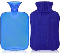 Attmu Bouillotte classique en caoutchouc transparent de 2 litres avec housse en tricot - Bleu