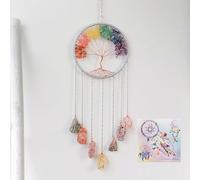 Attrape-rêves arbre de vie avec cristal 7 chakras couleur pierre naturelle brute à suspendre au mur pour chambre, jardin, décoration (argent)