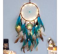Attrape-rêves Arbre de vie bleu avec plumes, guirlande lumineuse LED mobile faite à la main, filet circulaire traditionnel pour décoration murale, chambre d'enfant, décoration d'intérieur, fête de