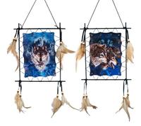 Attrape-rêves avec motif de loup et aigle pour chambre de garçons et enfants - Décoration murale à suspendre (2 pièces/cadre loup aigle)