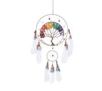 Attrape-rêves en forme d'arbre de vie à 7 chakras Décoration murale avec pierre de cristal de guérison arc-en-ciel Attrape-rêves en forme de plume blanche pour chambre à coucher Cadeau de bénédiction