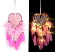Attrape-Rêves En Forme De Coeur Avec Lumières Led ¿ Décoration En Plumes Faite À La Main Pour Chambre, Chambre D'enfant Et Espaces Cosy