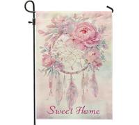 Attrape-rêves floral pastel, drapeau de jardin, pivoine de pêche, bannière de cour, bannière double face en toile de jute, décoration de pelouse, décoration de terrasse printemps été 30,5 x 45,7 cm