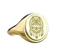 Attrape-rêves loup en argent sterling 925 | Bague plaquée or | Chevalière ovale 15 x 13 mm | Taille de l'anneau : 5-12,5 US Avelaibal | LKDR_0634