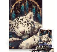 Attrape-rêves Tigre Blanc Endormi Puzzle 1000 pièces pour Adultes et Adolescents Stimulation de la mémoire et Relaxation Idée Cadeau de Noël 50x75cm