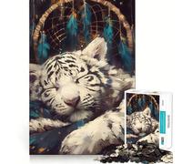 Attrape-rêves Tigre Blanc Endormi Puzzle 1000 pièces pour Adultes et Adolescents Stimulation de la mémoire et Relaxation Idée Cadeau de Noël 50x75cm