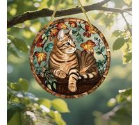 Attrape-soleil coloré en acrylique - Chat avec feuilles d'automne - 17,8 cm - Décoration murale à suspendre pour fenêtre avec motif imprimé de style vitrail - Idée cadeau et décoration de jardin pour