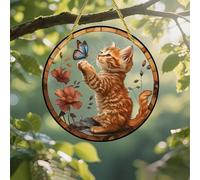 Attrape-soleil coloré en acrylique, chaton atteignant un papillon de 17,8 cm, décoration murale à suspendre pour fenêtre avec motif de vitrail imprimé, idée cadeau et décoration de jardin pour