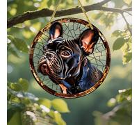 Attrape-soleil en acrylique coloré, bouledogue français dans un vitrail de 17,8 cm, décoration murale à suspendre avec motif imprimé de style vitrail, idée cadeau et décoration de jardin pour