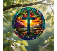 Attrape-soleil en acrylique coloré, paysage de coucher de soleil en forme de croix de 17,8 cm, décoration murale à suspendre pour fenêtre avec style vitrail imprimé, idée cadeau et décoration de