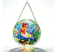 Attrape-soleil en verre teinté de 20,3 cm - Oiseau et fleur en verre véritable à suspendre - Panneau en verre d'art fabriqué à la main avec chaîne en métal - Décoration de jardin vibrante pour la