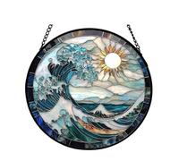 Attrape-soleil motif vague bleue et blanche - Panneau en verre coloré - Décoration d'anniversaire pour femme - Cadeau d'anniversaire pour femme