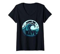 Attrapez la Vague : L'Aventure océanique du Surfeur T-Shirt avec Col en V, Femme, Noir, XXL