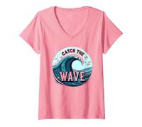 Attrapez la Vague : L'Aventure océanique du Surfeur T-Shirt avec Col en V, Femme, Rose, XL