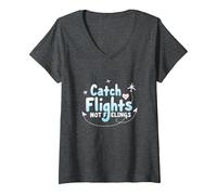 Attrapez Les Vols et Non Les Sentiments - Aventure de Voyage spirituelle T-Shirt avec Col en V, Femme, Chiné Foncé, XXL