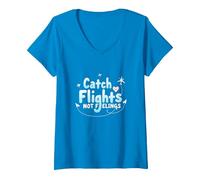 Attrapez Les Vols et Non Les Sentiments - Aventure de Voyage spirituelle T-Shirt avec Col en V, Femme, Saphir, L