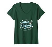 Attrapez Les Vols et Non Les Sentiments - Aventure de Voyage spirituelle T-Shirt avec Col en V, Femme, Vert Forêt, L