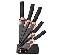 ATUIO elabo 5 Pieces Black Kitchen Knife Set Stainless Steel Non Stick Coating Knives with Base, Rose Gold Handle,
