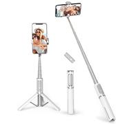 ATUMTEK Trépied Selfie Stick, Trépied Téléphone 3-en-1 Extensible en Aluminium avec Télécommande Bluetooth sans Fil, Compatible avec iPhone 17/16/15/14/13/12 mini/11 Pro et Smartphones Samsung, Blanc
