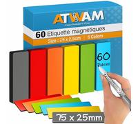 ATWAM 60 Étiquettes Magnétiques Effaçables & Inscriptibles - 75x 25mm - 6 Couleurs - Scrum & Kanban - Lot de 60 aimants pour Tableau Blanc, Tableau magnétique, Tableau magnétique et réfrigérateur