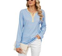 Atxnn Chemises à Manches Longues pour Femmes Hauts à Rayures Contrastées Col en V avec Boutons T-Shirt Décontracté et Loose Fit