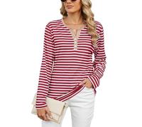 Atxnn Chemises à Manches Longues pour Femmes Hauts à Rayures Contrastées Col en V avec Boutons T-Shirt Décontracté et Loose Fit