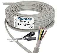 Au mètre près : Ebrom, Câble NYM-J gainé 4 x 1,5 mm², Câble d'installation gris - Sélection par incréments de 1 m - Exemple : 5 m - 10 m - 15 m - 18 m - 20 m - 25 m - 50 m, etc.