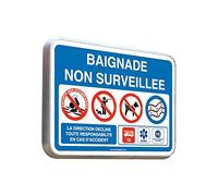 AUA SIGNALETIQUE - Baignade Non Surveillée - Panneau Type Routier Avec Rebord - 350x250 mm alu type routier