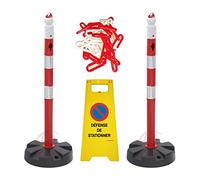 AUA SIGNALETIQUE -Kit 2 POTEAUX PVC Ø 63 mm sur Socle Lesté Classe 2 + Chaîne de signalisation 2 m - Rouge/Blanc + Chevalet Stationnement Interdit (Kit Balisage Stationnement Interdit)
