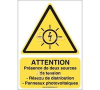 AUA SIGNALETIQUE - Panneau Attention présence de Deux Sources de Tension - AI - 450x630 mm, Aluminium Dibond 3mm