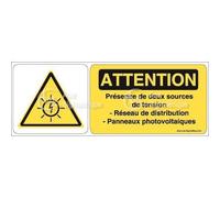 AUA SIGNALETIQUE - Panneau Attention présence de Deux Sources de Tension - B - 200x75 mm, Aluminium Dibond 3mm