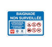 AUA SIGNALETIQUE - Panneau Baignade Non Surveillée 02-600x420 mm, PVC 1.5 mm