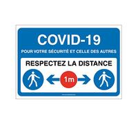 AUA SIGNALETIQUE - Panneau de Signalisation COVID-19 respectez la Distance 1 m avec Pictogramme ISO 7010 - Bleu - 420x300 mm, Vinyl adhésif