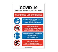 AUA SIGNALETIQUE - Panneau de signalisation règles Covid-19 respectez Les consignes avec 4 pictogrammes - 210x300 mm, PVC 1.5mm