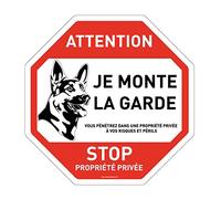AUA SIGNALETIQUE - Panneau octogonal Stop Propriété Privée Attention Chien Je Monte la Garde - Ø 180 mm, Vinyl adhésif