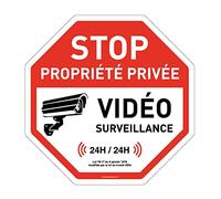 AUA SIGNALETIQUE - Panneau Octogonal Stop Propriété Privée Vidéo Surveillance 24h/24h - Ø 270 mm, Vinyl adhésif
