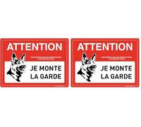 AUA SIGNALETIQUE - Panneau Prépercé (4 trous) angles arrondis Avec Liseret - PVC Rigide 1.5 mm - (210 x 150 mm, Attention Chien Je monte la Garde) (Lot de 2)