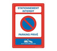 AUA SIGNALETIQUE - Panneau Prépercé (4 Trous) avec Angles arrondis - PVC Rigide 1.5 mm - (150x210 mm, Stationnement Interdit Parking privé)