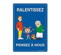 AUA SIGNALETIQUE - Panneau Prépercé (4 Trous) avec Angles arrondis - PVC Rigide 1.5 mm - (300x420 mm, Ralentissez Pensez à Nous)